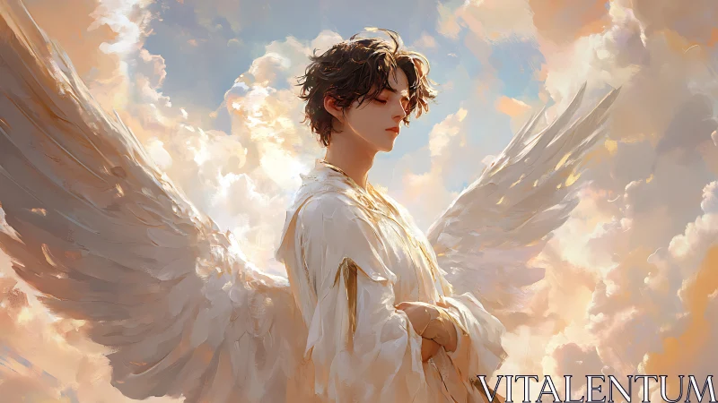 Serene winged androgyne in luminous cloudscape, soft light