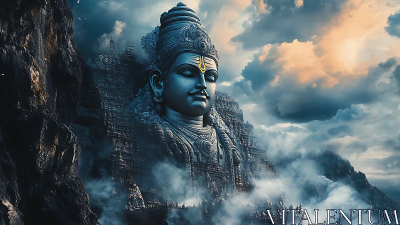 Colossal stone deity head emerging from misty cliffs.