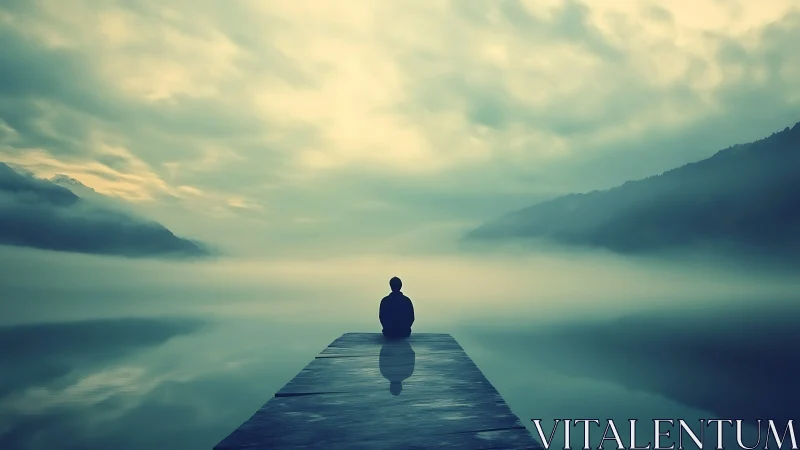 Solitary figure on pier overlooking mist-covered lake.