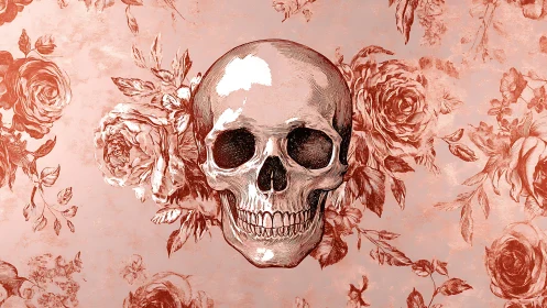 Human skull illustration is centered over floral patterned ground