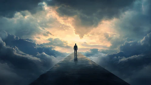 Solitary figure walking skyward along reflective path.