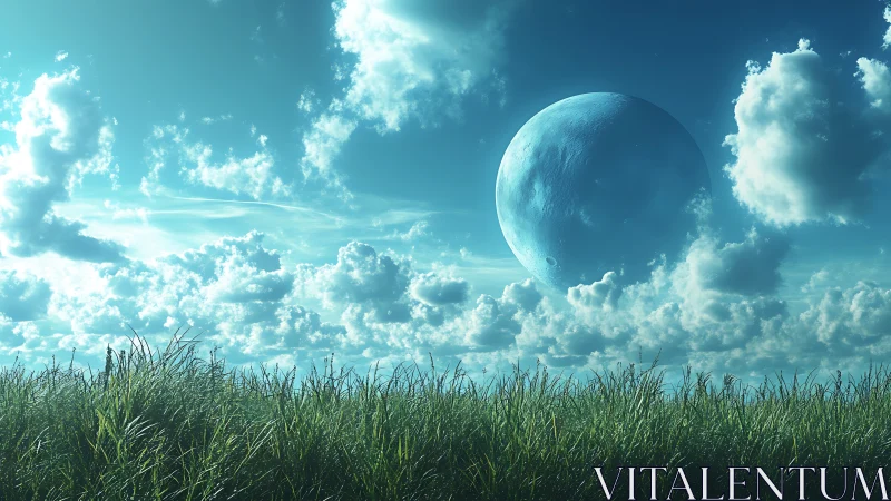 Giant pale moon rises above tranquil cloud-washed grassland.