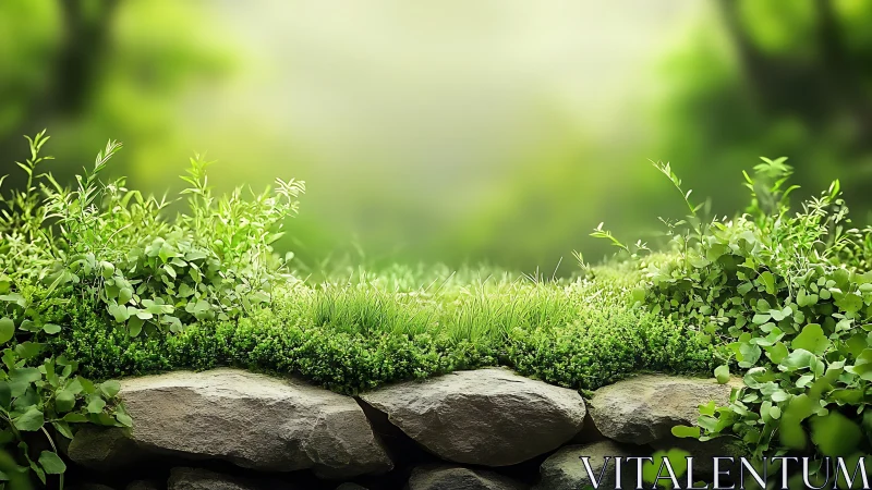 Natural Stone Border with Vibrant Moss and Garden Plantings.