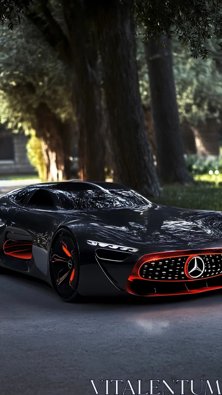 Mercedes concept hypercar glows with red neon accents at dusk.