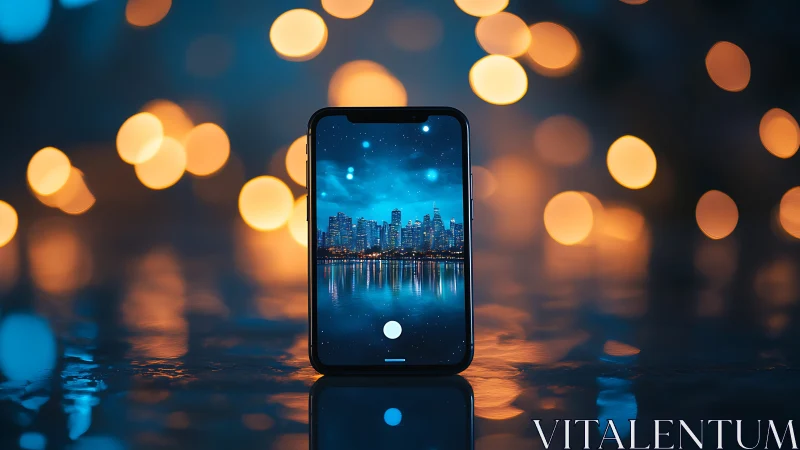 Smartphone displays city skyline against blurred bokeh lights