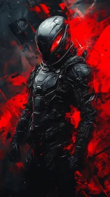 Armored cybernetic soldier stands in red-contrast abstract field