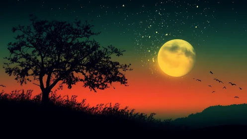 Silhouetted tree under large moon against vivid sunset sky.