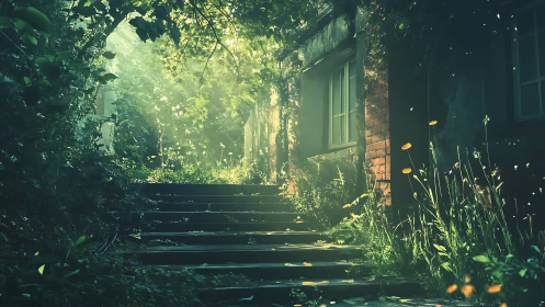 Sunlit overgrown stairway into a secret garden refuge.