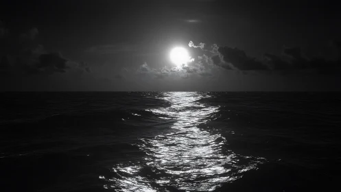 Monochrome seascape captures distant sun over rippled water