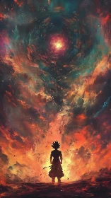 Silhouetted warrior stands beneath swirling cosmic fire vortex