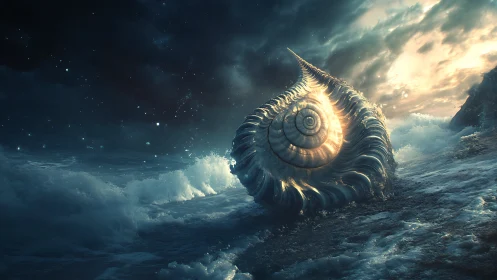 Tidal starlight shell swirling between storm and sunrise.