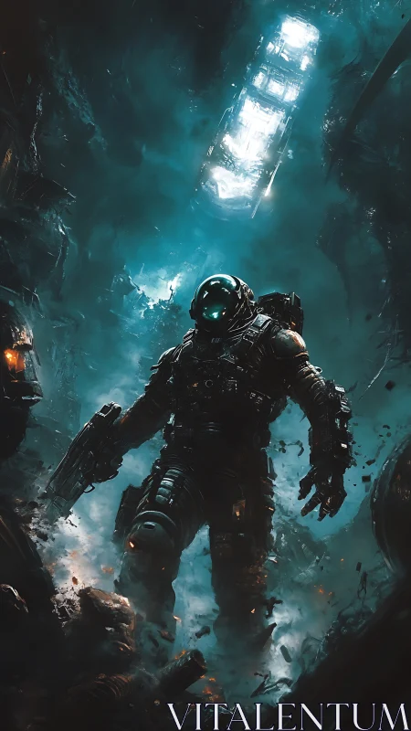 Armored space soldier rising through wrecked starship cavern.