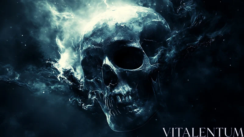 Glowing spectral skull emerges from swirling cosmic smoke