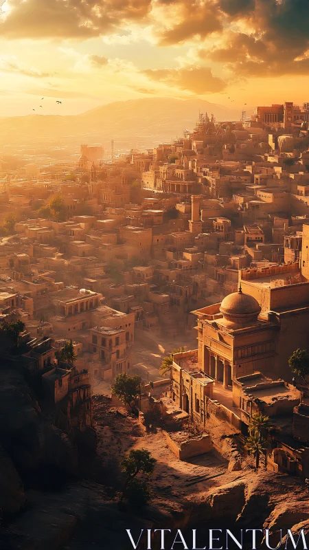Sunlit terraced desert cityscape with domed sandstone complex