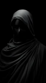Veiled monochrome figure in deep chiaroscuro drapery study.