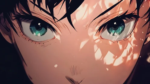 Emerald eyes ignite under shattered light and quiet fury.