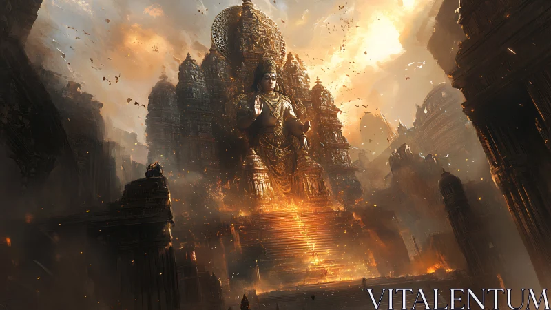 Colossal temple statue amid burning stone architecture.