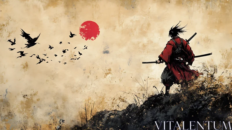 Samurai figure observes bird silhouettes against red sun