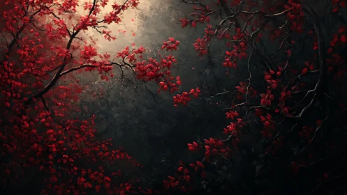 Crimson branches frame chiaroscuro forest void composition.