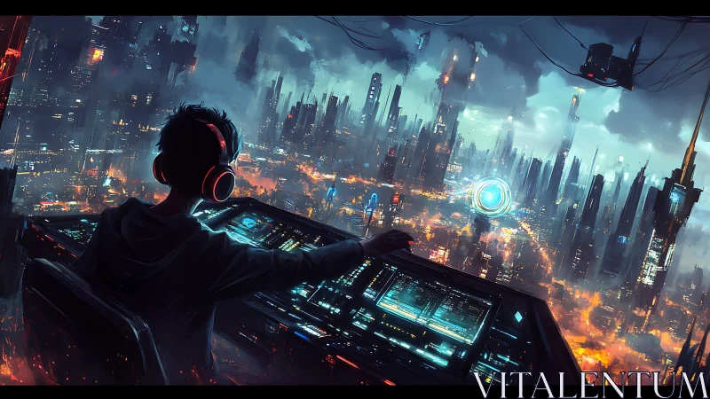 Cyberpunk operator overlooking neon dystopian megacity skyline.