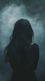 Woman in black dress stands alone before heavy fog.