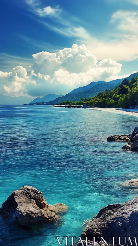 Photorealistic coastal panorama with cerulean shallows and cliffs.
