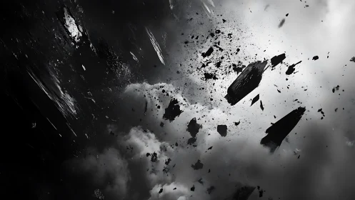 Dark fractured debris field disperses through dense clouds