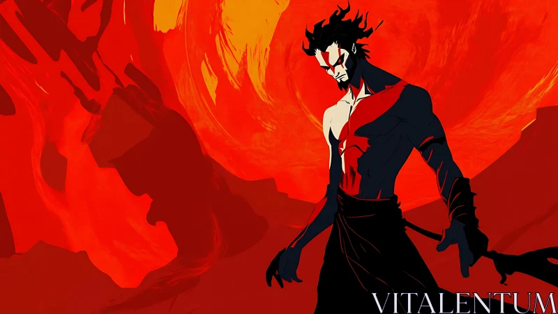 Fierce warrior strides through swirling red inferno light