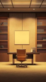 Minimalist Executive Office with Centered Desk and Framed Artwork