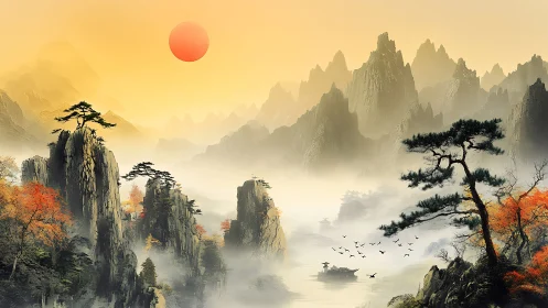 Morning sun glows over misty mountains and tranquil river