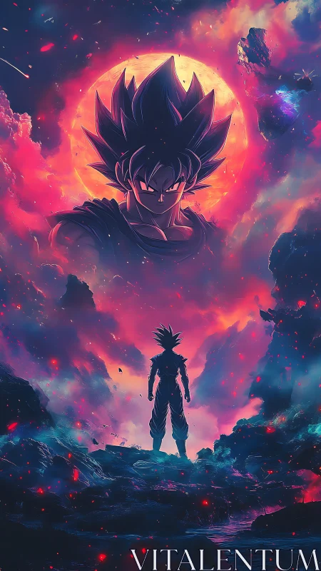 Cosmic warrior beneath blazing nebula skies of destiny.