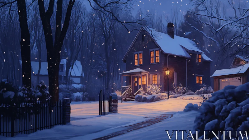 Detached view of a snow-covered house at dusk with lighting