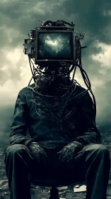 Figure with exposed CRT monitor head sits under cloudy sky