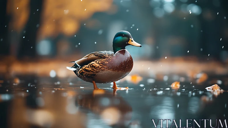 Male mallard duck in shallow autumn pond with snowfall
