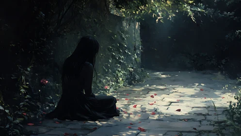 Solitary figure in shadowed garden path with scattered petals