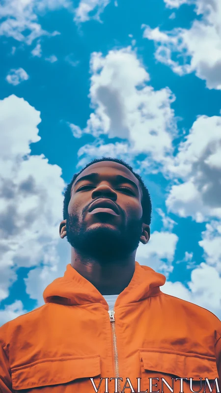 Man in orange jacket under bright blue cloudy sky.