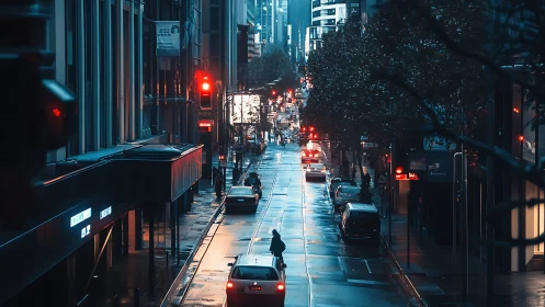 Wet urban street scene shows traffic under mixed artificial light