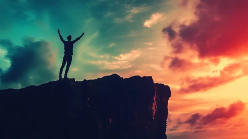 Silhouette stands on cliff edge beneath color-graded sky