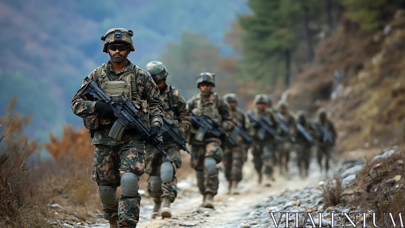 Soldiers on rugged mountain patrol in shallow depth perspective.