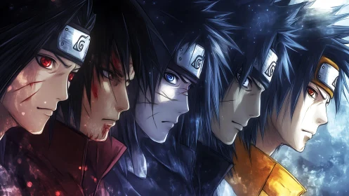 Sequential shinobi portraits with evolving ocular states.