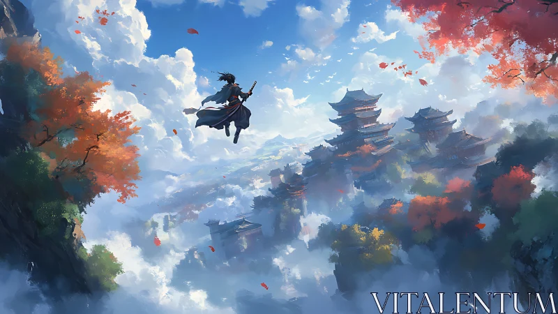 Sword-bearing wanderer soars above misty mountain temples.