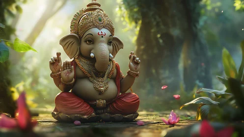 3D rendering of Ganesha idol seated in a forest setting.