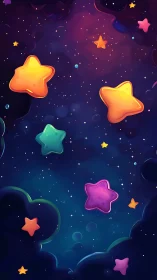 Vibrant cartoon stars drifting through deep night sky.