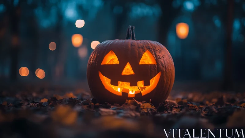 Glowing jack-o’-lantern smiles warmly in a misty autumn park