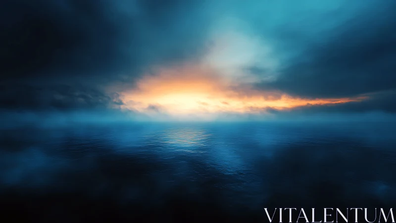 Gentle dawn light opens over a calm, misty blue ocean