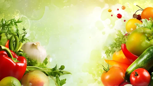 Color-rich vegetables framing luminous green backdrop.