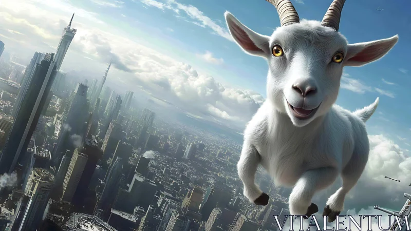 Gigantic white goat soaring above dense futuristic megacity