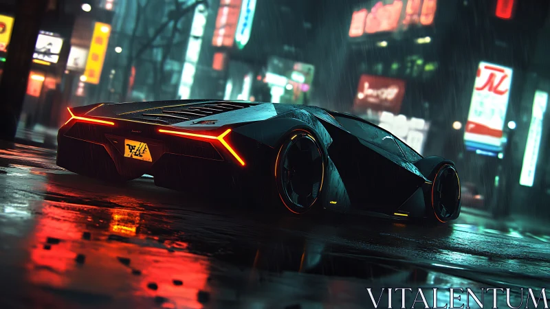 Futuristic supercar idles in neon rain on reflective streets
