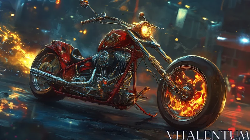 Flaming crimson chopper roaring through neon night streets.