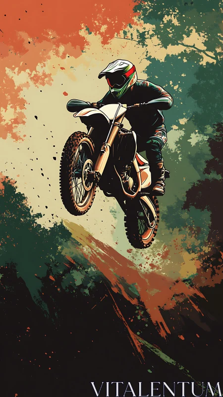 Motocross rider launches through abstract paint sky.